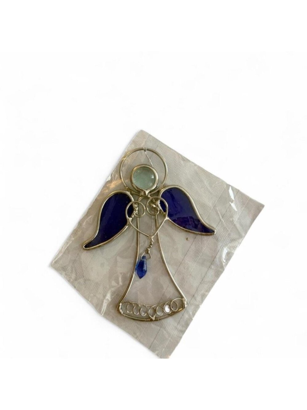 Vintage Blue & Silver stained glass angel sun catcher with blue wings